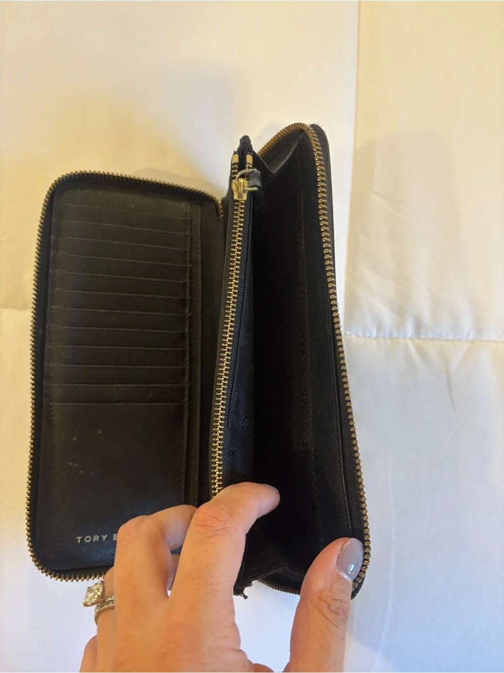 Tory Burch Black Continental Zip Wallet with Gold Logo